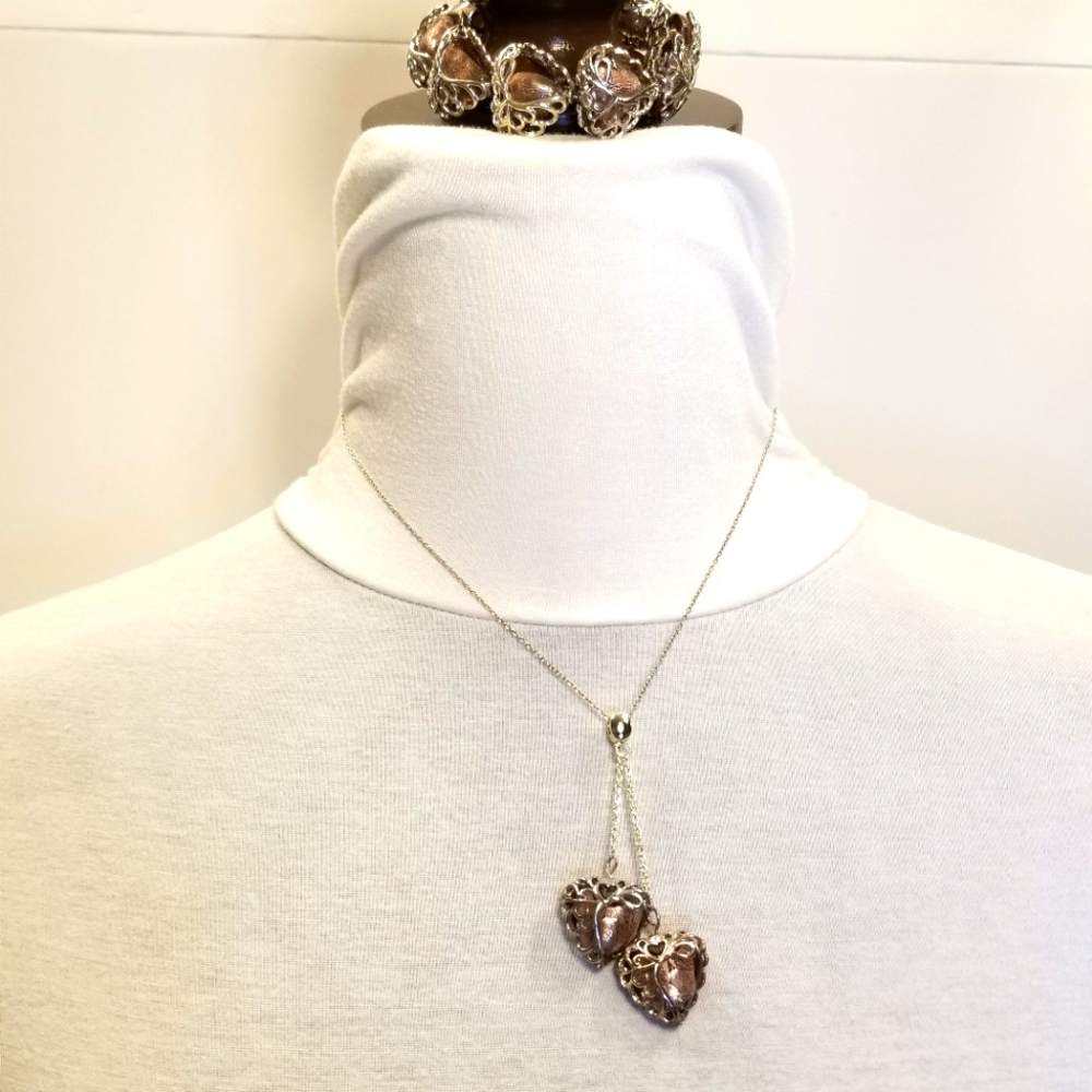 Vecchia Murano Italian Hand-blown heart-shaped purple lilac glass beads necklace